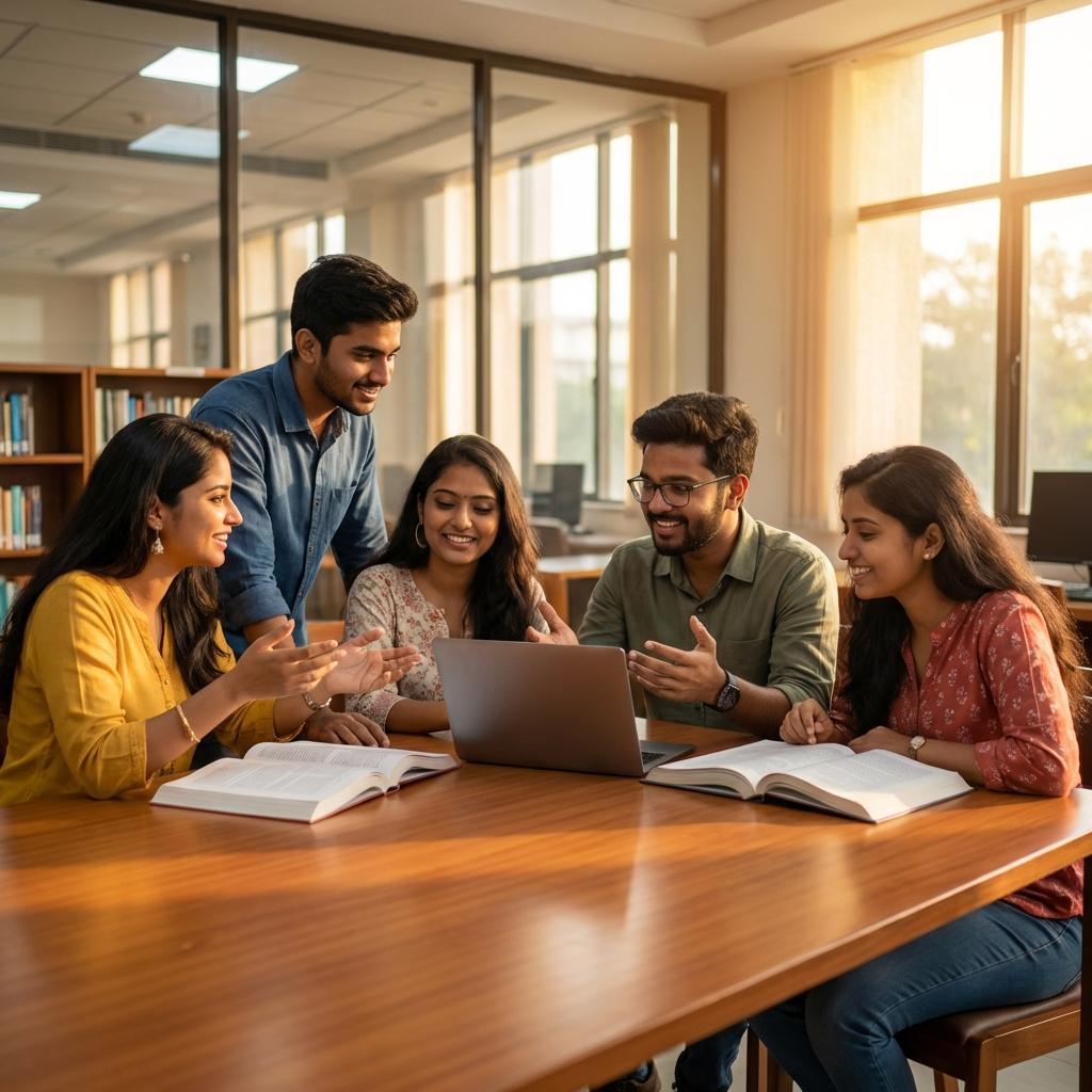Students discussing in a library